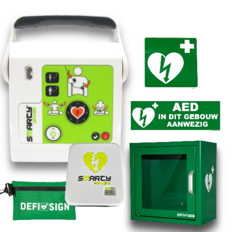 Smarty Saver | stickers | Groene binnenkast met alarm | safeset | batterij | elektrode | Hardcase AED-tas 