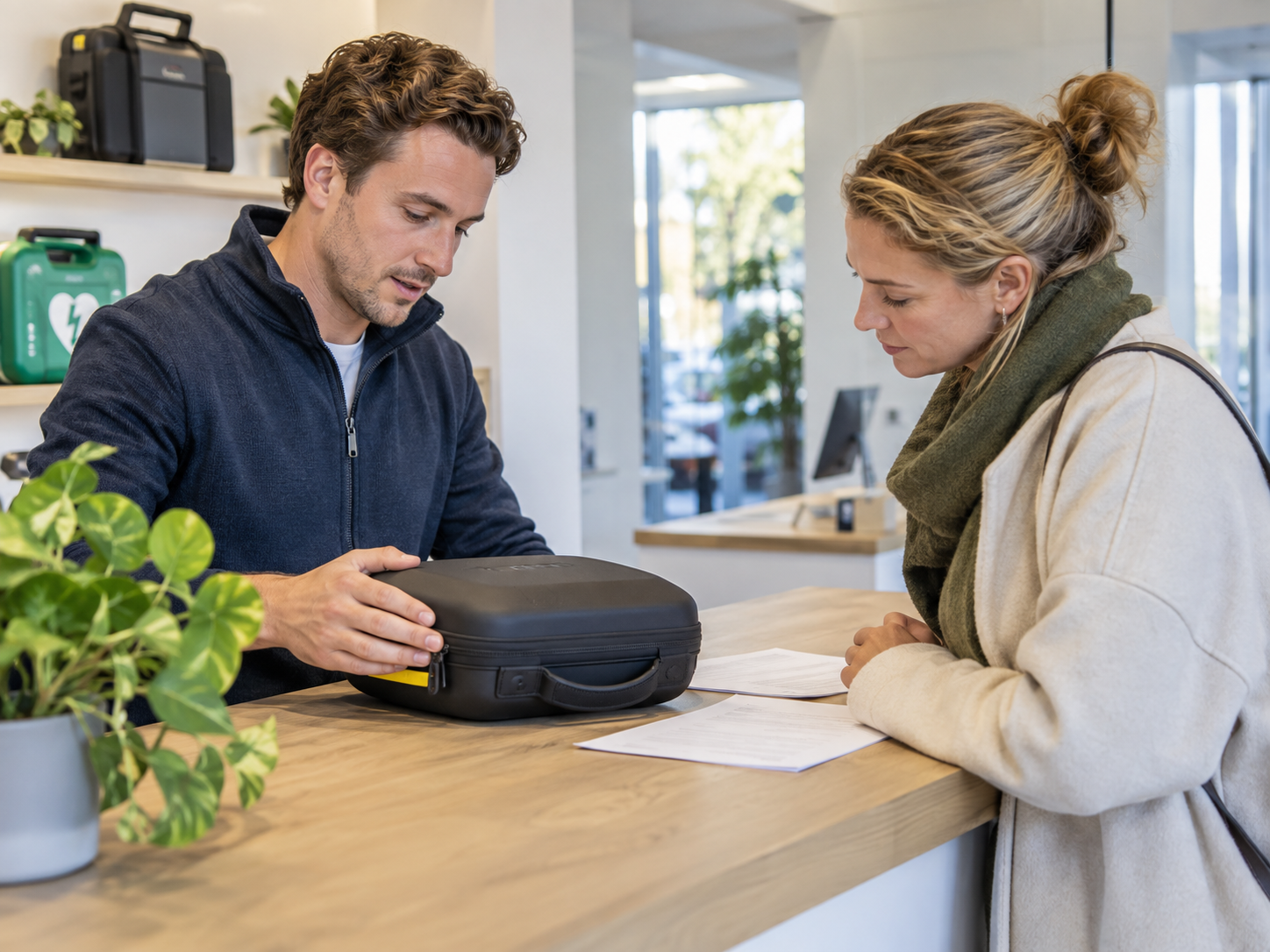 Medewerker en klant controleren samen een AED-tas en documenten