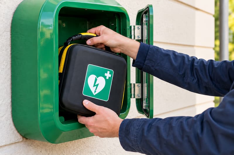 Hulpverlener pakt een AED direct uit een open kast zonder pincodeslot
