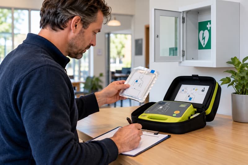AED-beheerder controleert het apparaat en de verpakking van de elektroden