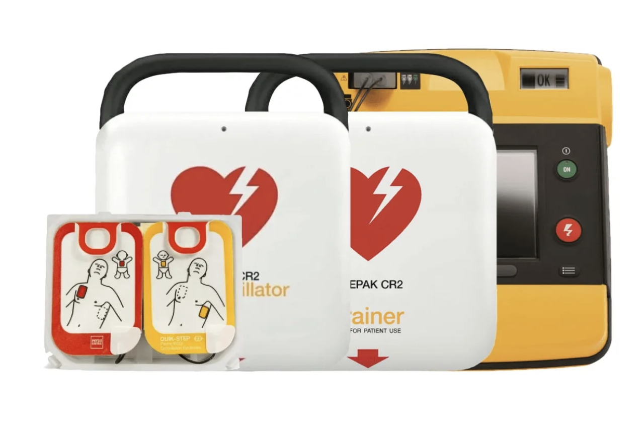 Physio-Control LIFEPAK AED met accessoires (elektroden, batterij, wandbeugel)