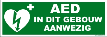 AED pictogram sticker met tekst "AED in dit gebouw aanwezig"